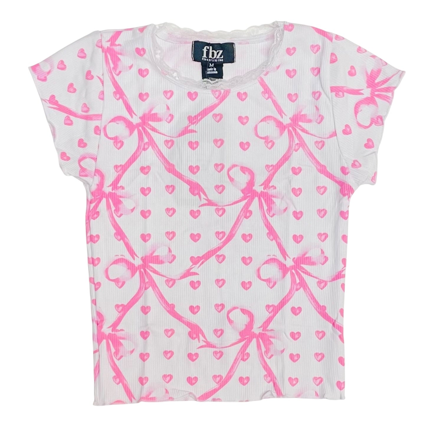 FBZ pink bow heart lace trim tee for tween girls