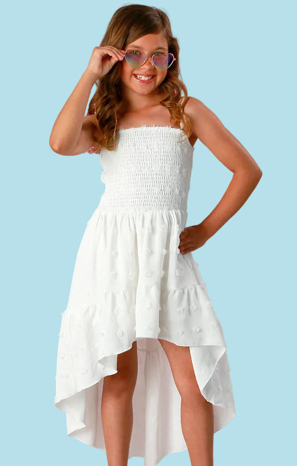 Katiej Nyc Juliet Smocked Bodice Hi-low Dress- White Swiss Dotsmall 7/8