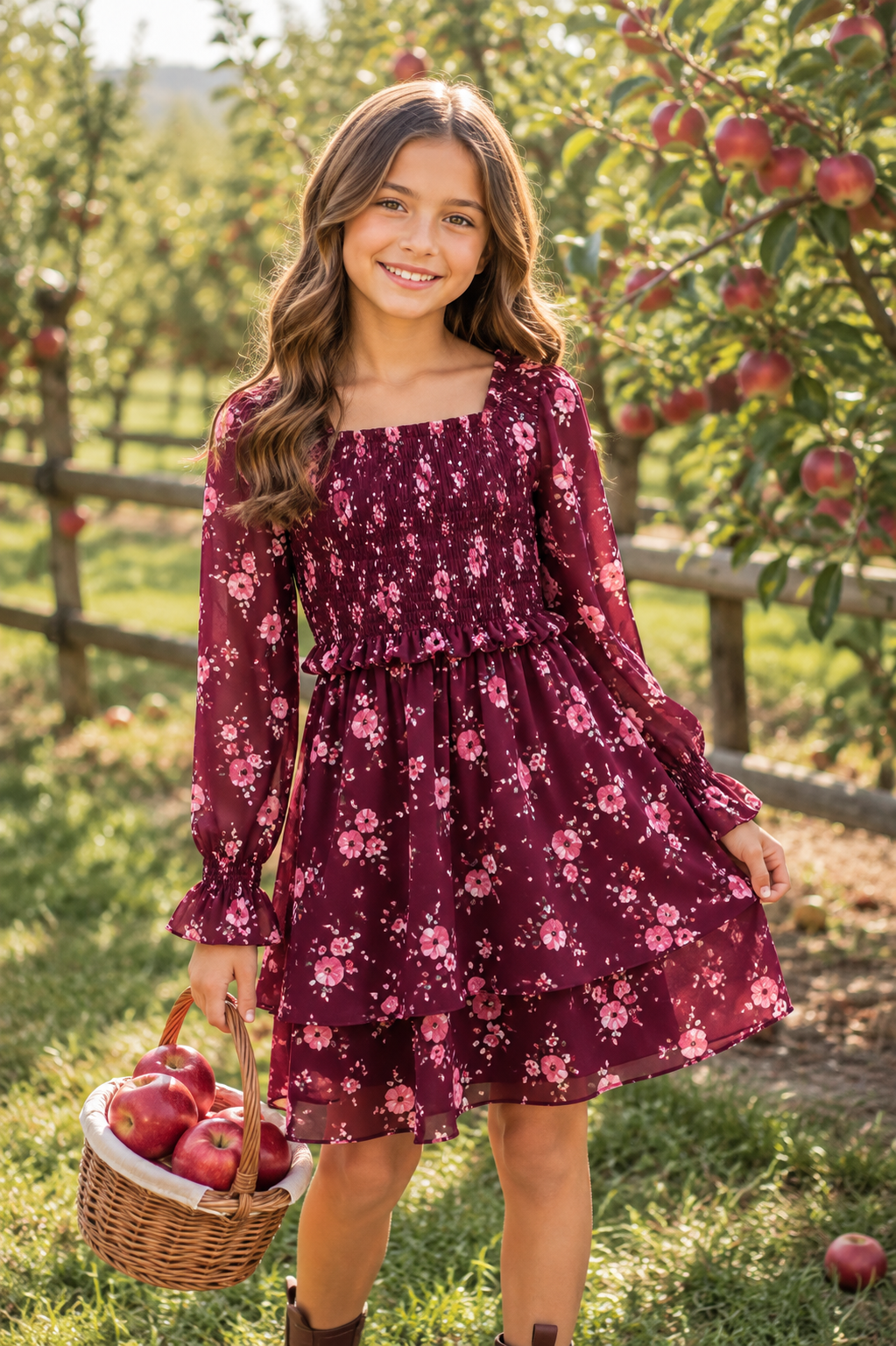 Girls Flowers by Zoe chocolate and pink floral chiffon dress with long sleeves and smocked bodice