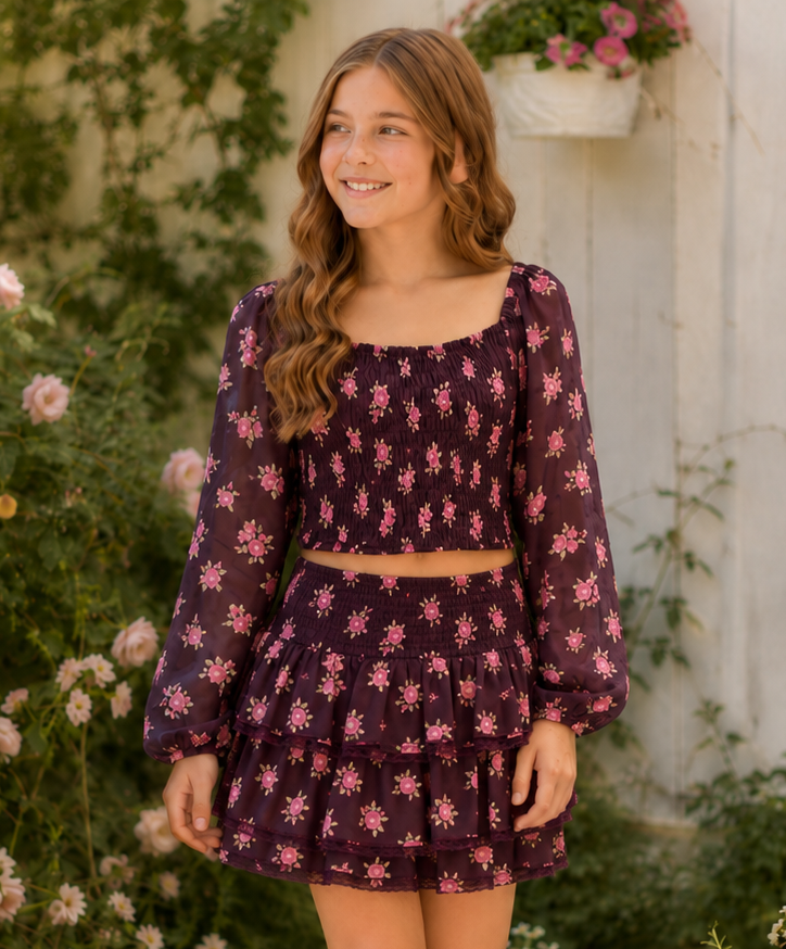 Flowers by Zoe girls chocolate and pink floral long sleeve top with smocked bodice