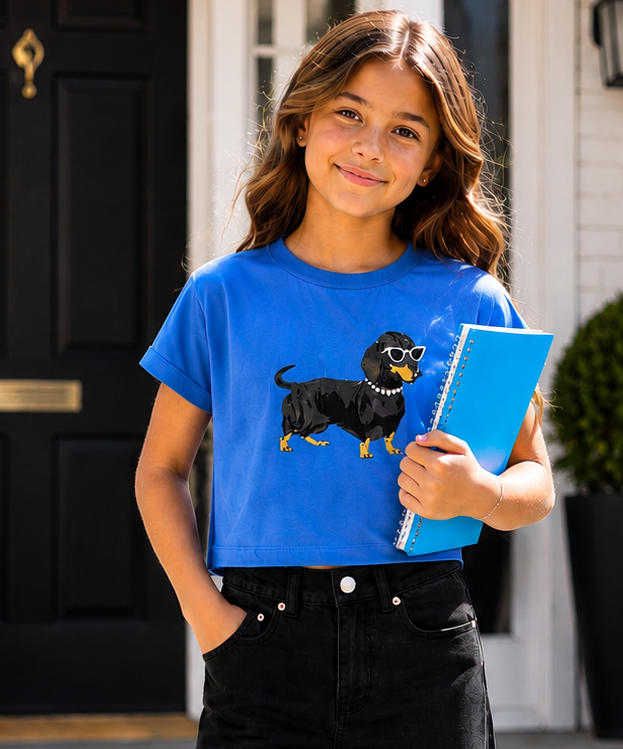 Flowers by Zoe FBZ bright blue graphic tee with chic dachshund wearing sunglasses modeled on a tween girl