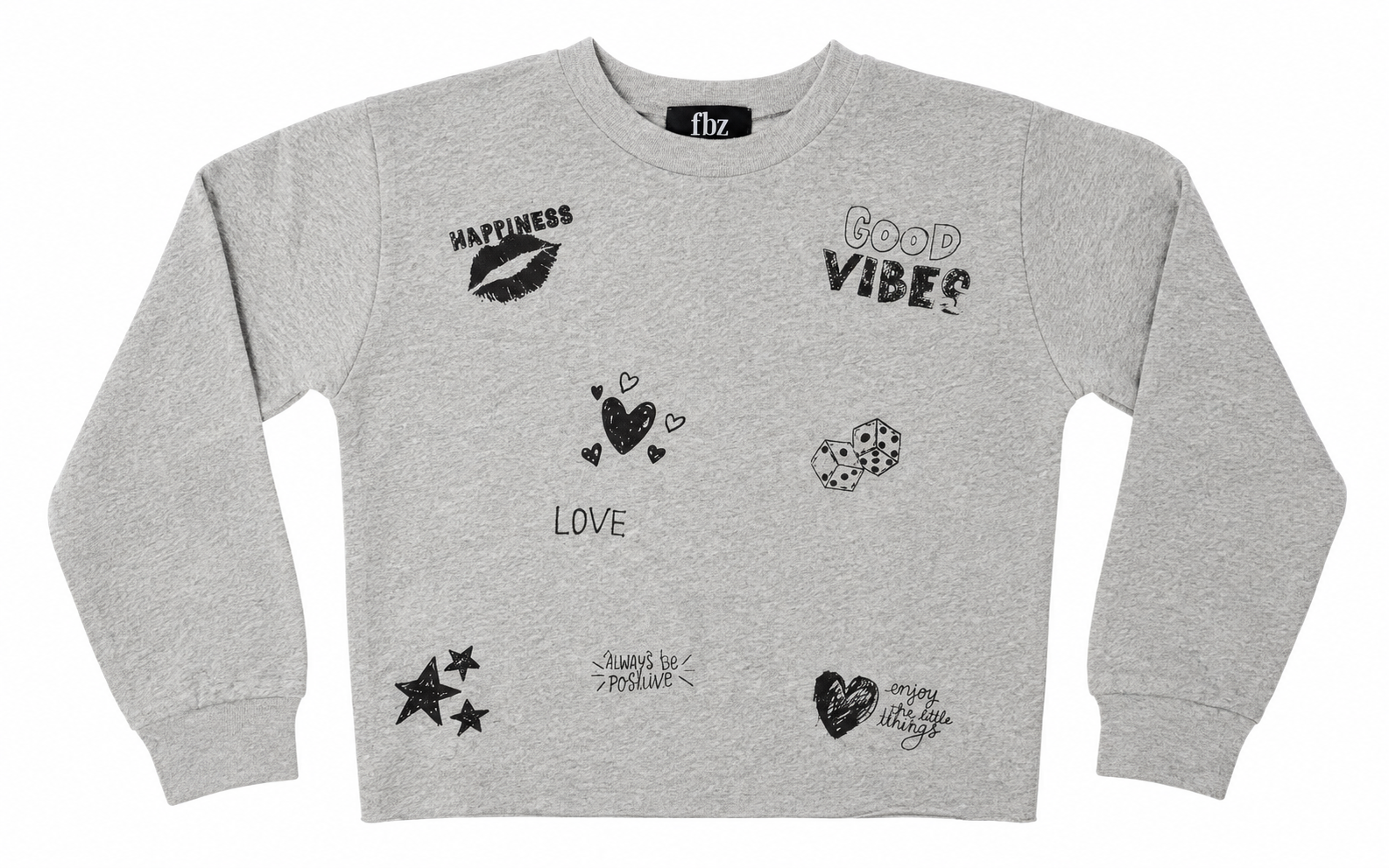 Flowers by Zoe FBZ heather grey crewneck sweatshirt with black Good Vibes and positive graphic designs for tween girls