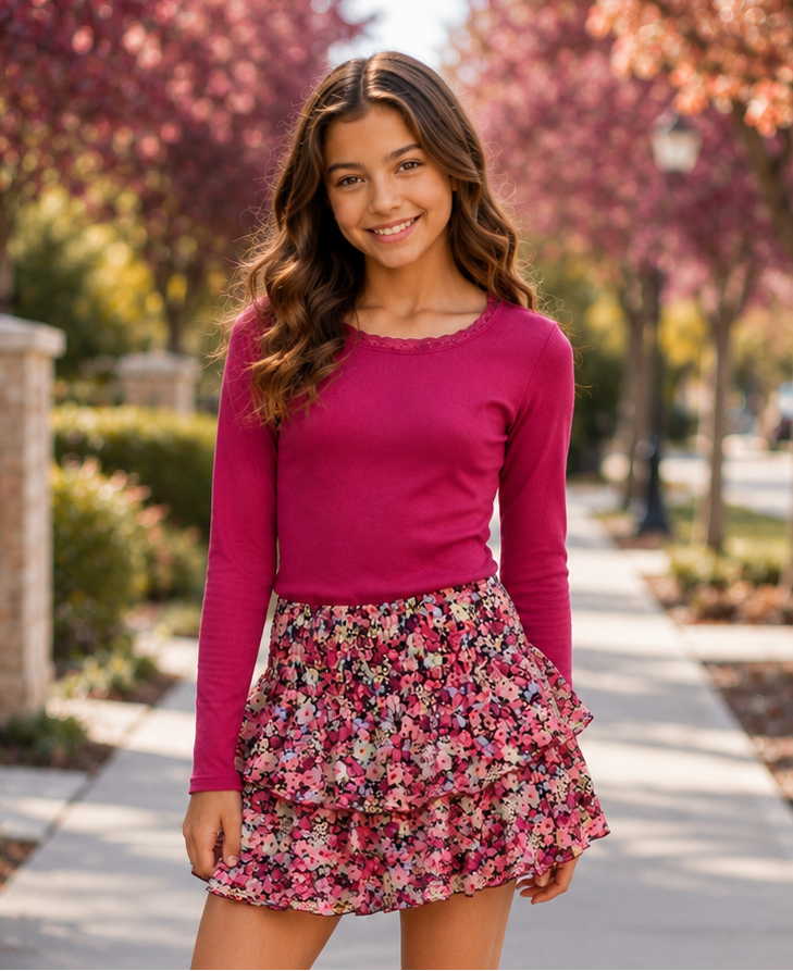 Flowers by Zoe FBZ magenta ribbed long sleeve top modeled on a tween girl with a pink floral skirt