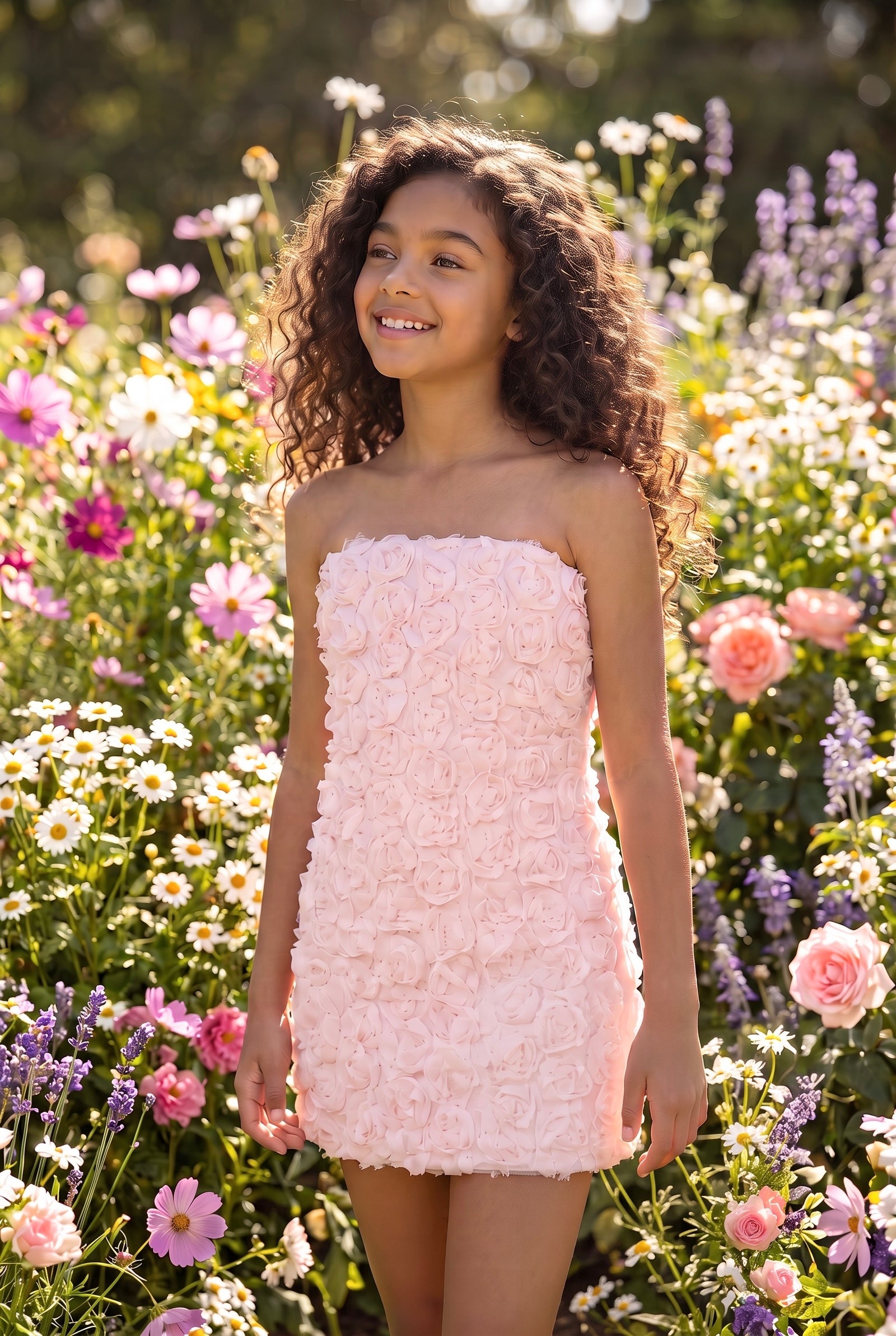 girl wearing a mini dress is covered in beautiful three-dimensional rosettes in a flower field 