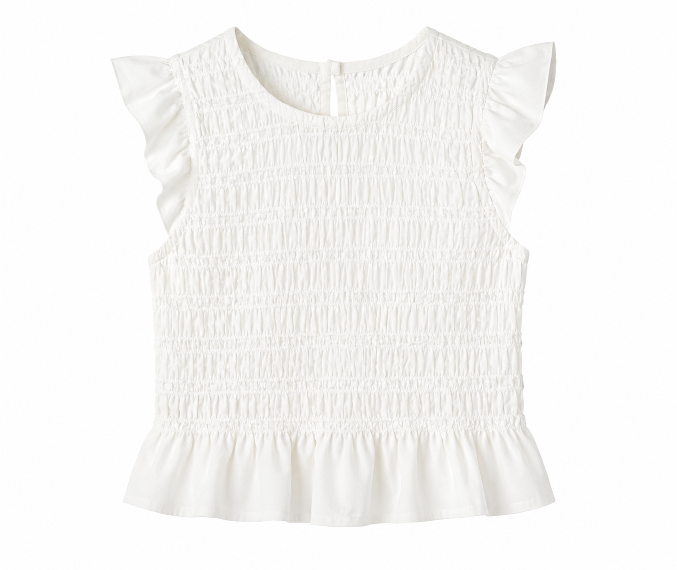 TENLY white cotton jersey shirred peplum top for tween girls with flutter sleeves.