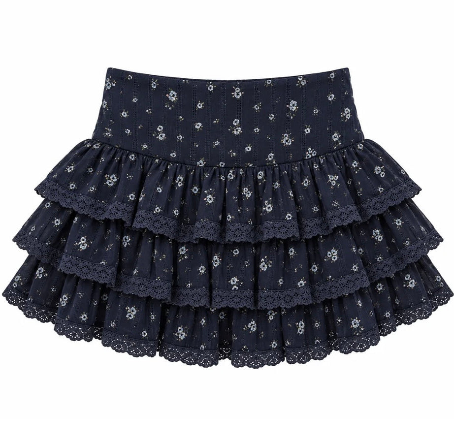 KatieJ NYC Tween Melody Lace Ruffle Skirt – Evening Blue Garden Floral