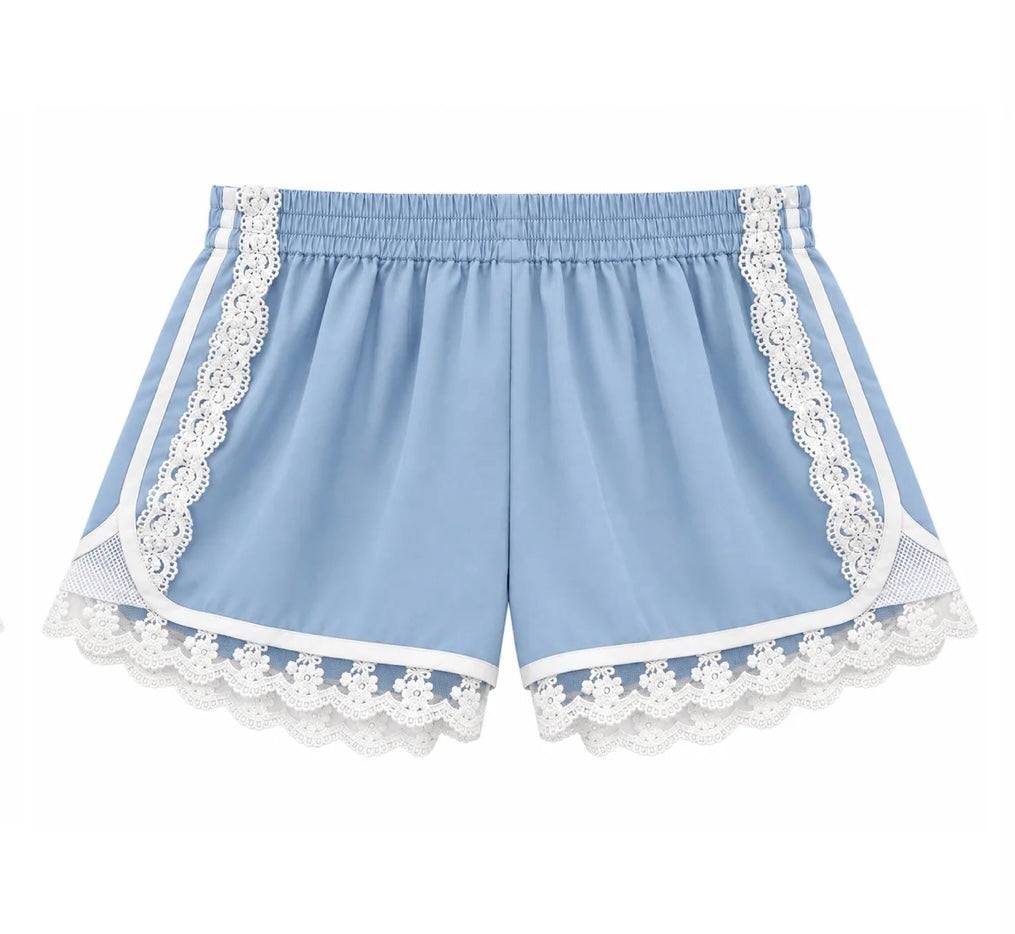 KatieJ NYC Tween Birdie Satin Lace Trim Short- Baby Blue