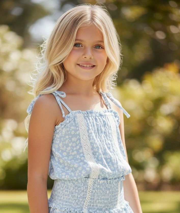 Young girl wearing a light blue dress with ruffled straps in a park setting