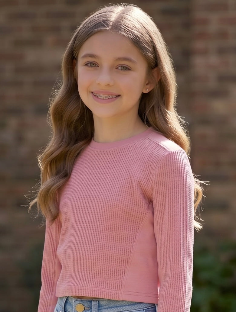 TENLY Tween Mixed Media Waffle Swing Pullover- Pretty In Pink