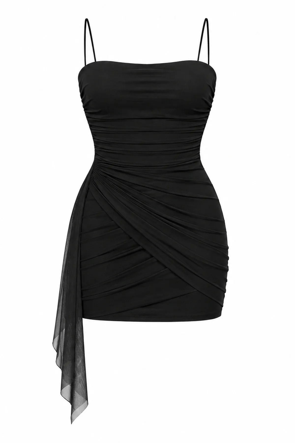 A tween girls black strapless ruched mini dress with thin spaghetti straps, a fitted bodice, and a draped sheer overlay on one side, shown against a plain white background.