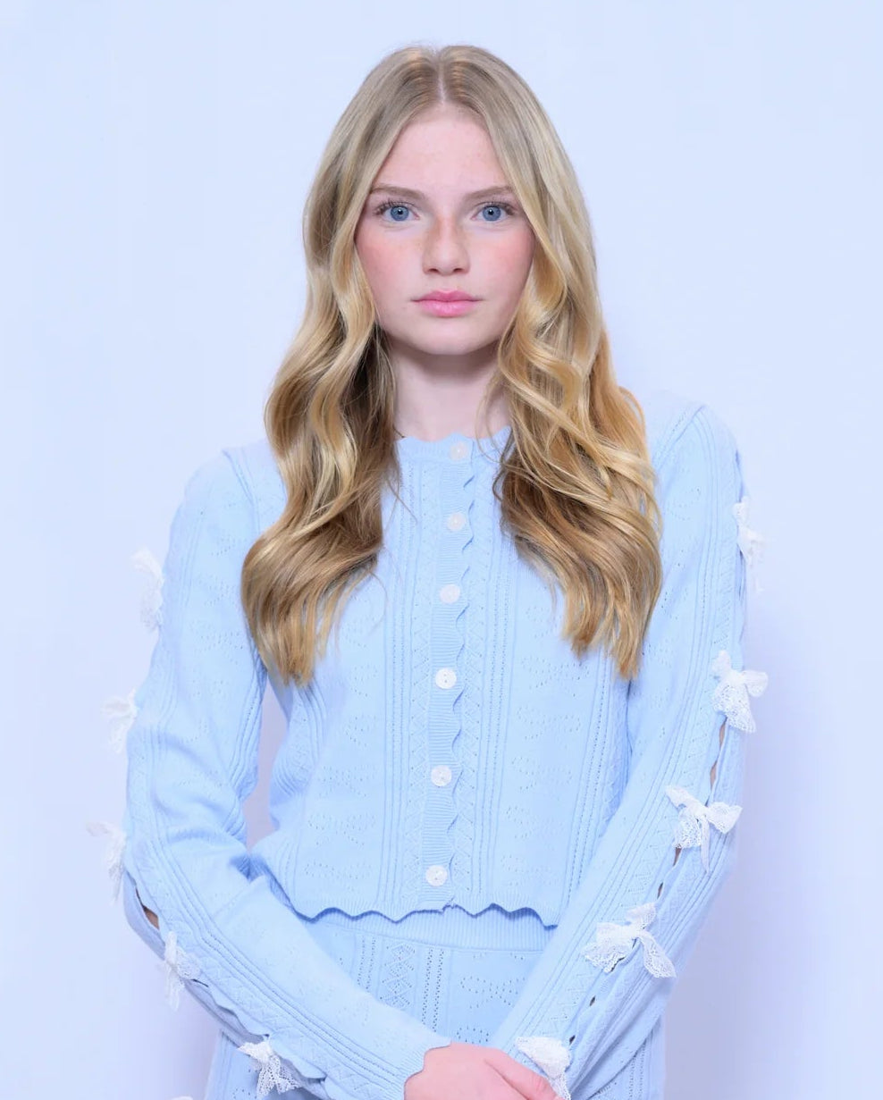 KatieJ NYC Gracyn Bow Cardigan- Baby Blue