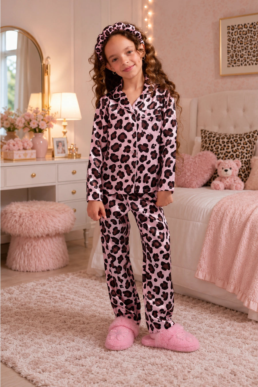 A young girl stands in a pink bedroom wearing a matching pink and black leopard-print pajama set with a headband and fluffy pink slippers.