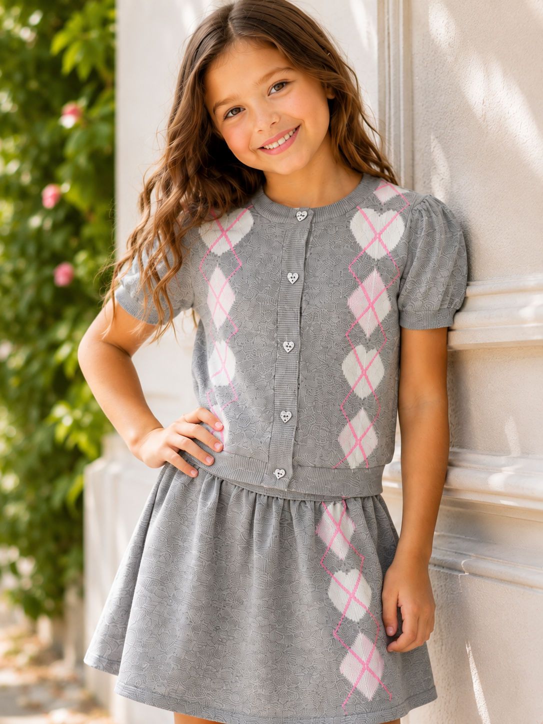 Girls two piece gray cardigan and matching argyle skirt set