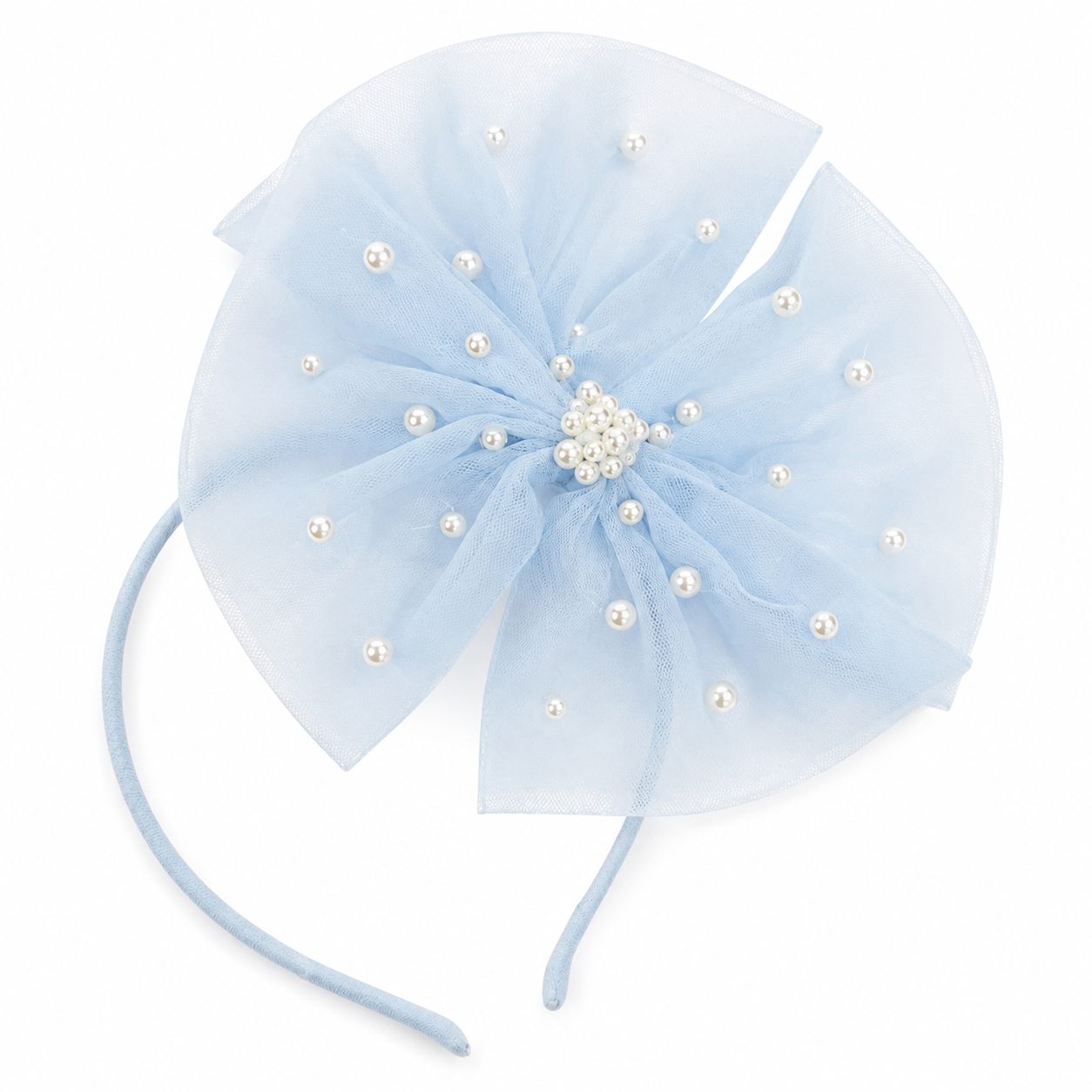 A light blue sheer organza girls headband featuring a large ruffled flower decoration adorned with small white pearl beads and a central pearl cluster, shown on a plain white background.
