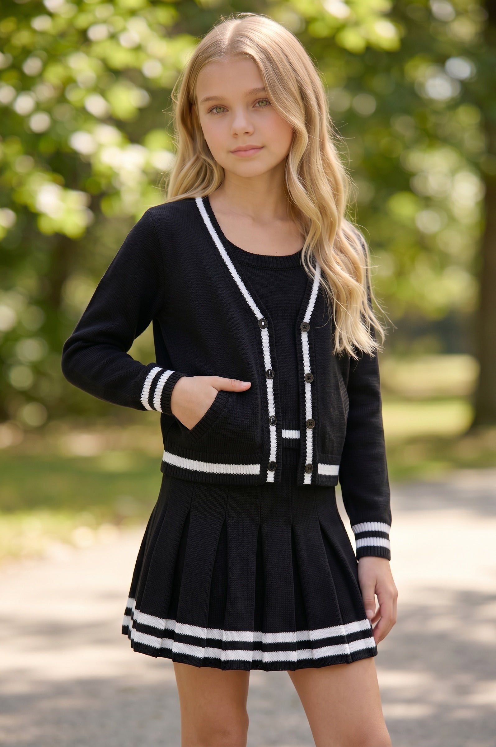 Lightweight sweater knit cami for girls featuring preppy styling
