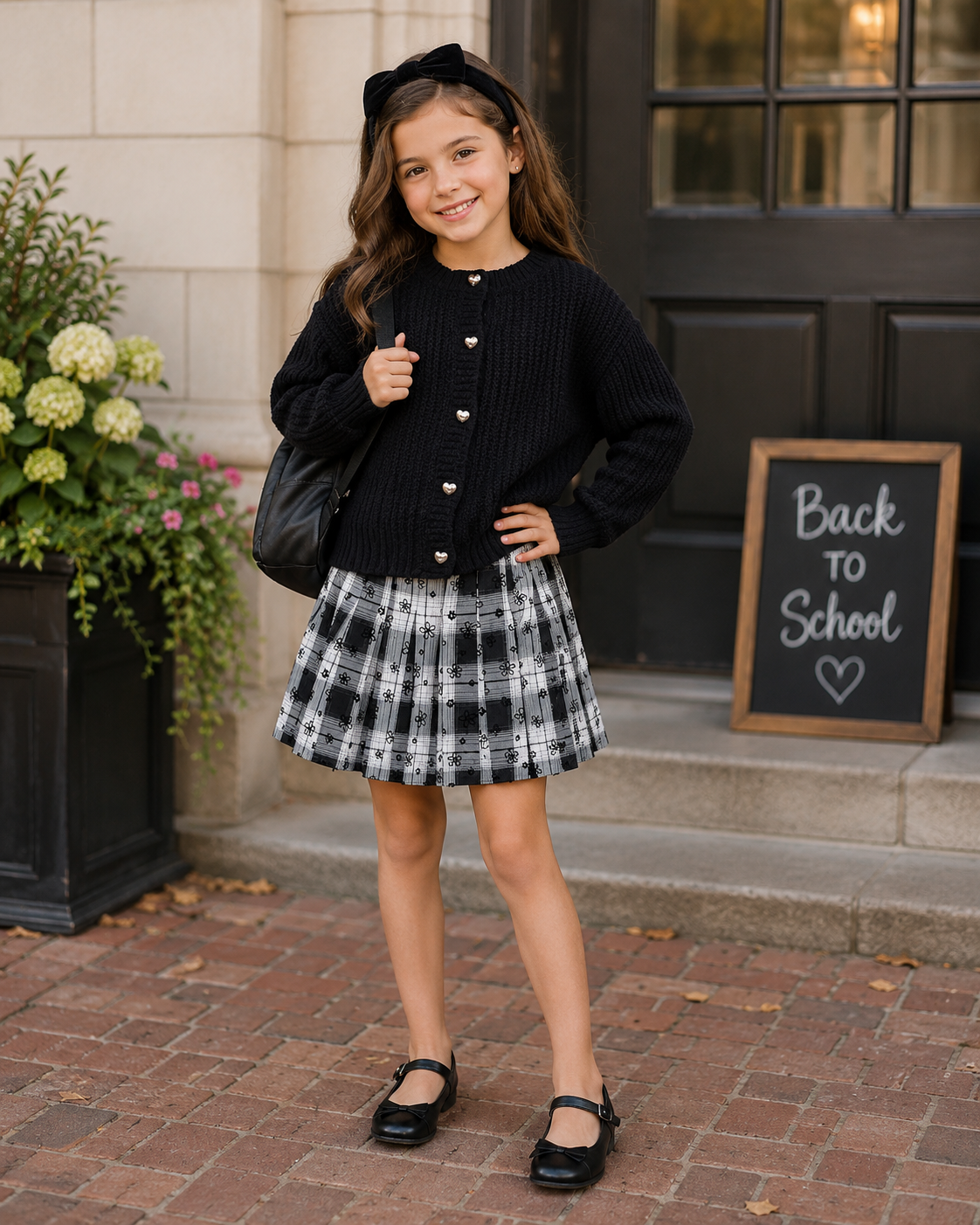 Girls black and white plaid pleated skort with built in shorts