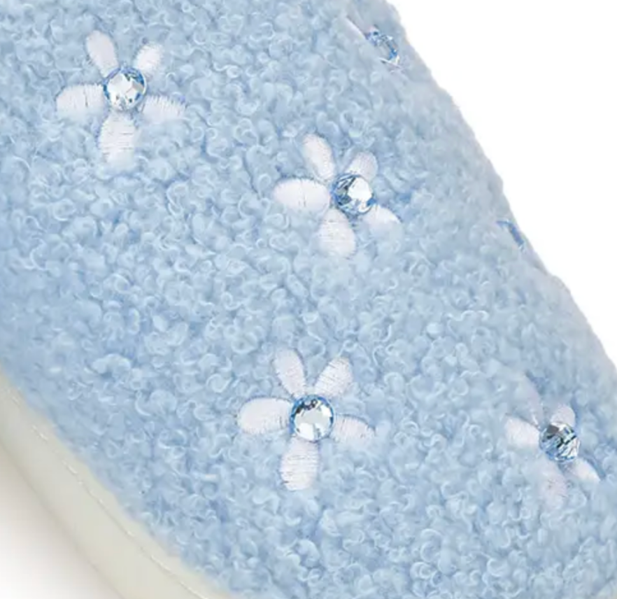 Cozy blue girls slippers with rhinestone flower accents