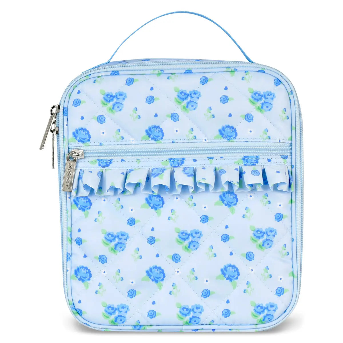Blue Floral quilted lunch tote with ruffle trim