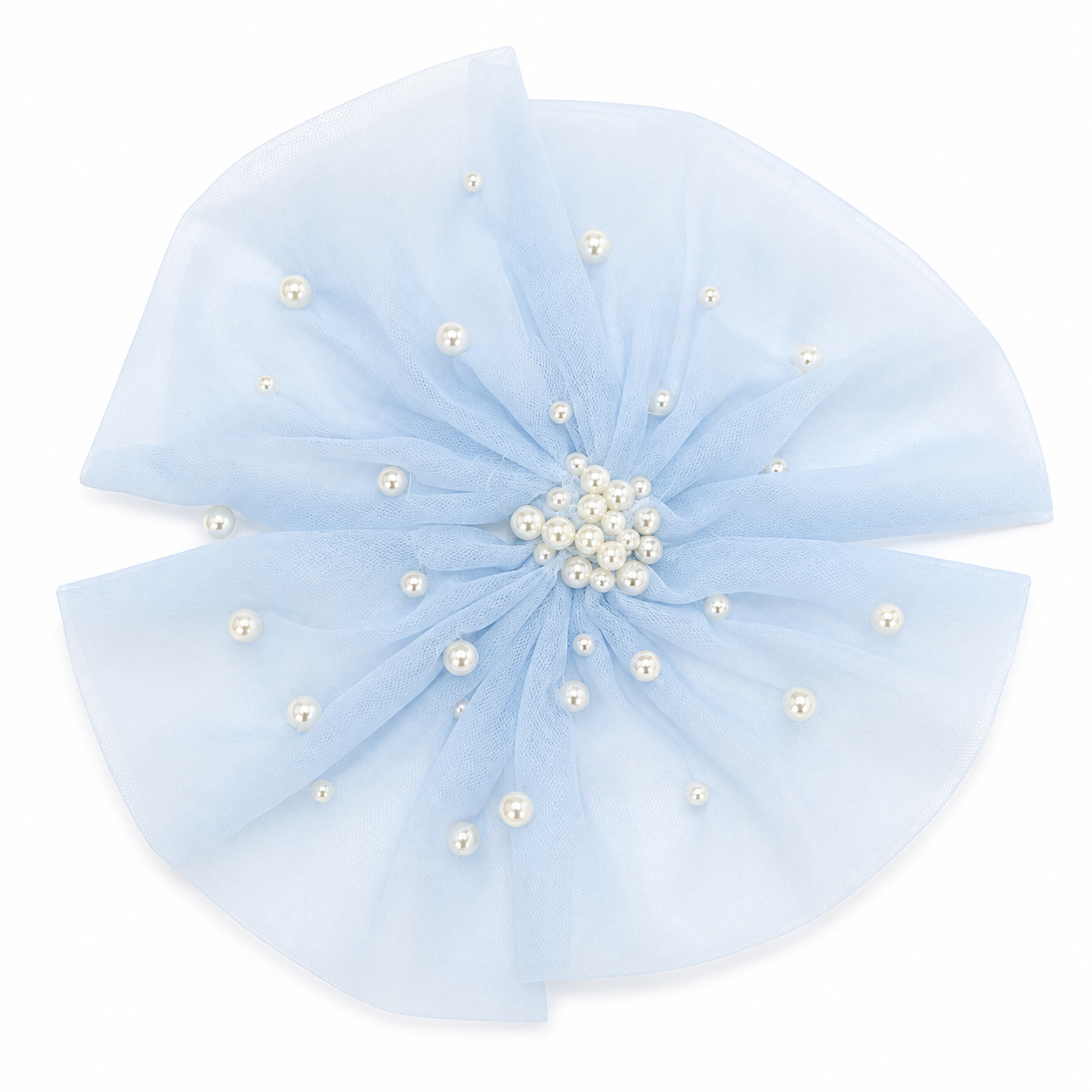 girls baby blue tulle hair clip with pearls on a white background