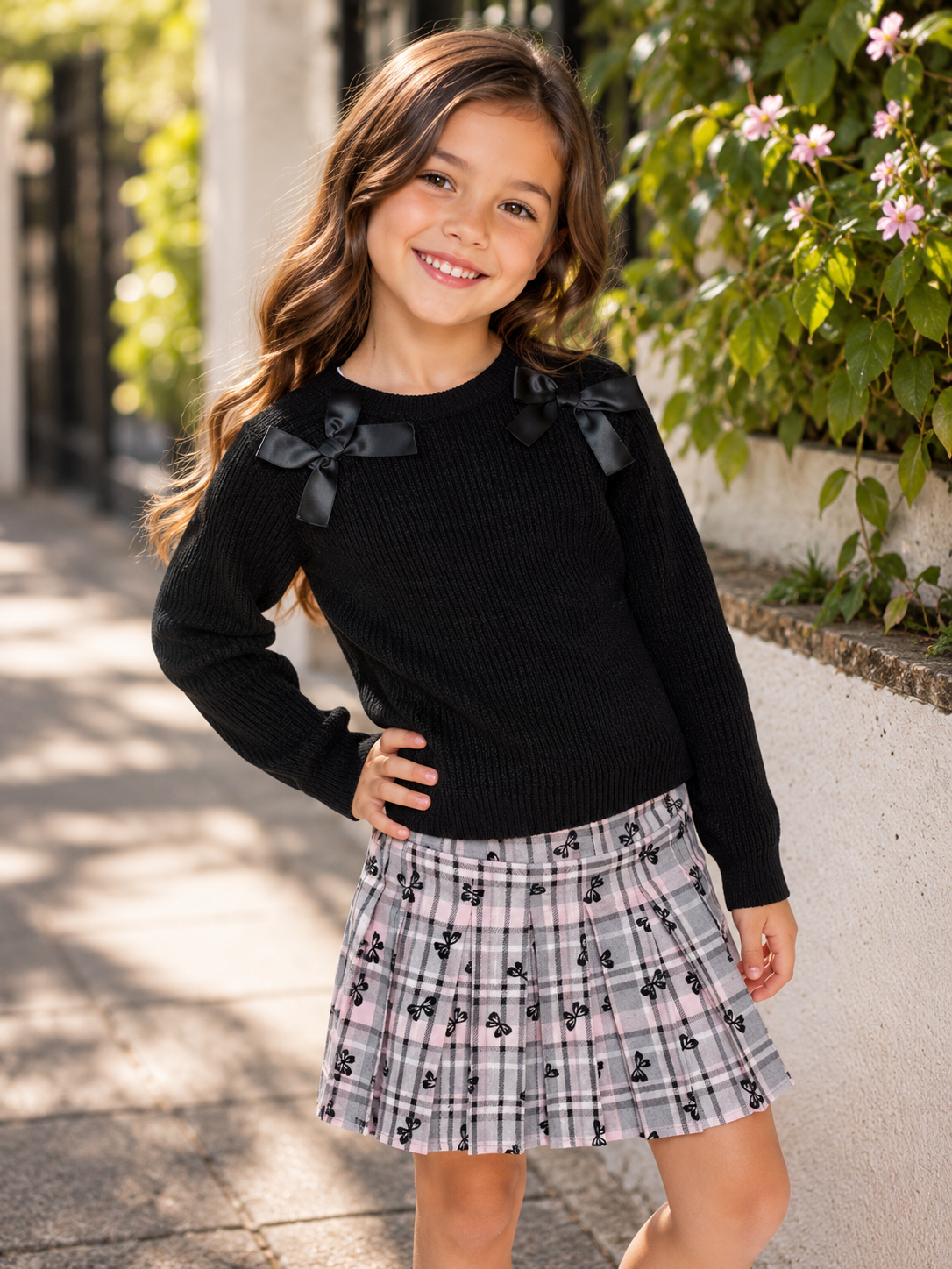Young girl wearing a black bow sweater and pink plaid skort setgirls + bow sweater + plaid skort + set + school outfit