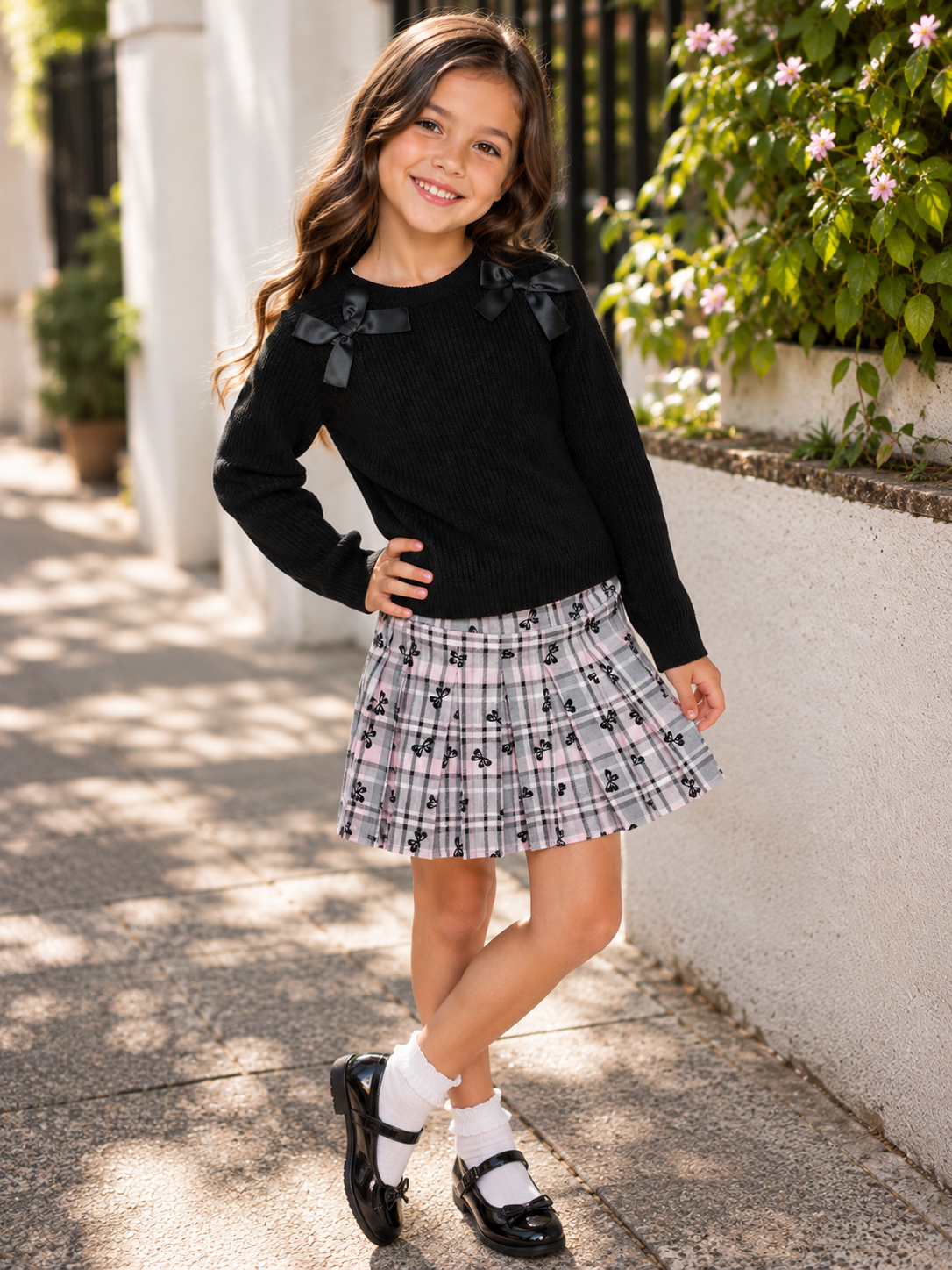 Girls black sweater with satin bows and gray pink plaid skort