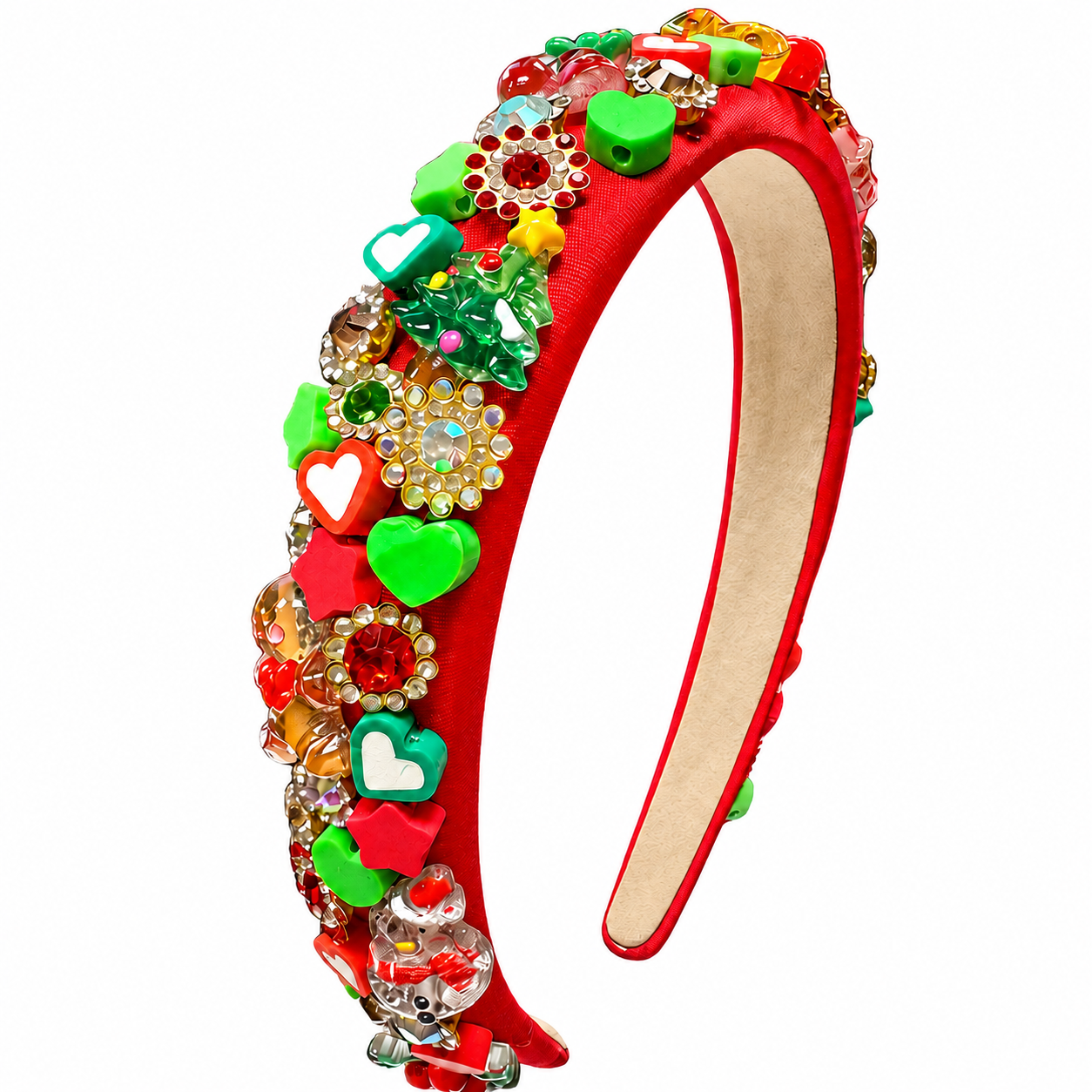 Bari Lynn girls Christmas headband decorated with colorful holiday charms, sparkling rhinestones, hearts, stars and festive Christmas details.