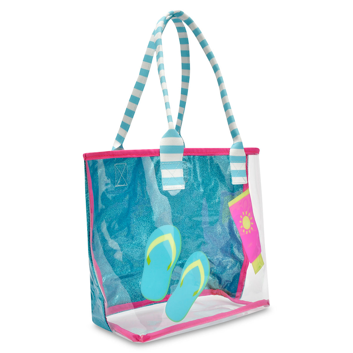 Clear PVC beach tote with colorful trim and striped handles, perfect for carrying towels, swimsuits, sunscreen, and pool essentials.