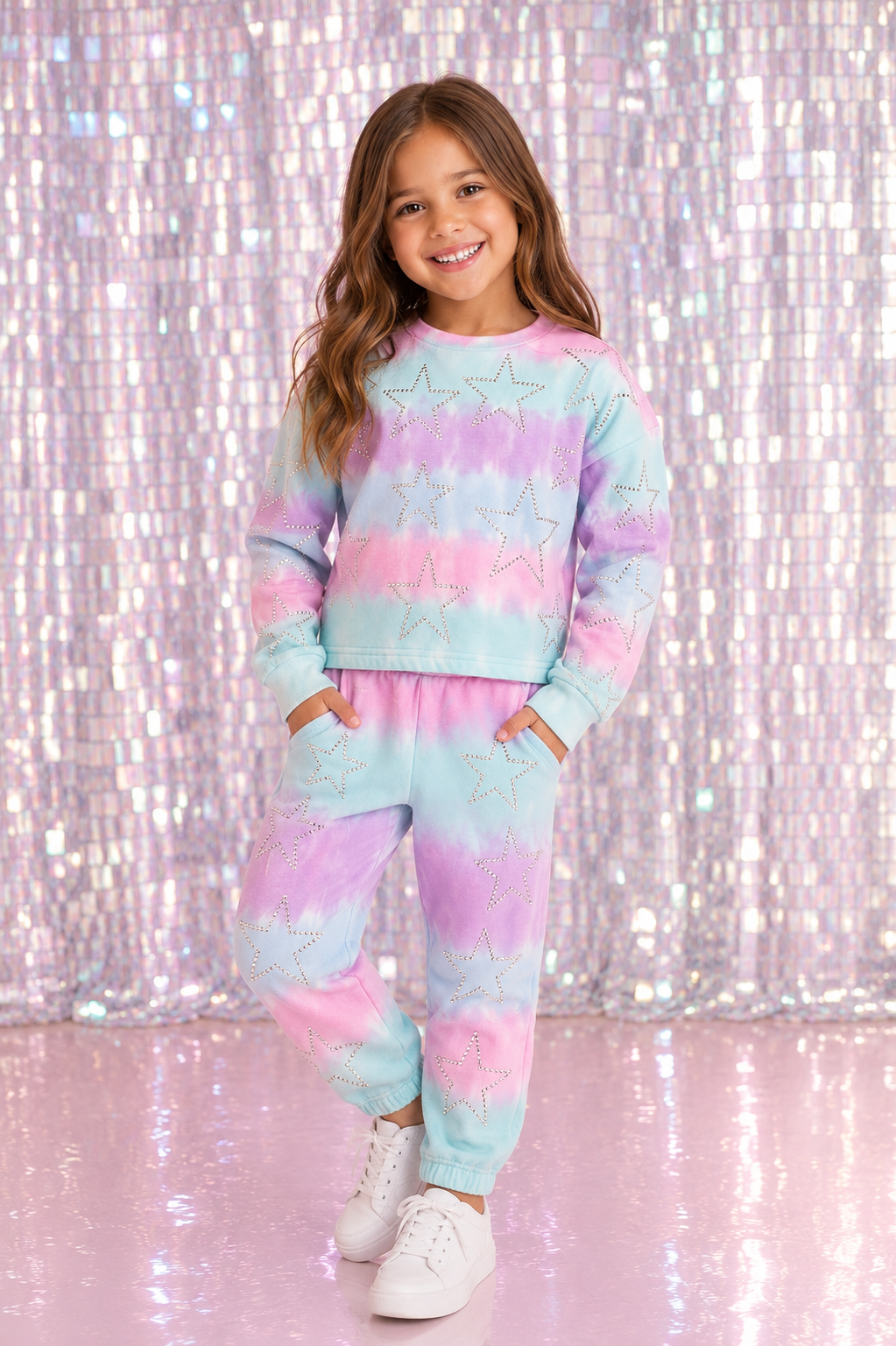 Girls boutique cotton candy tie-dye sweatshirt by MIA New York featuring sparkling silver star embellishments and a comfortable relaxed fit.