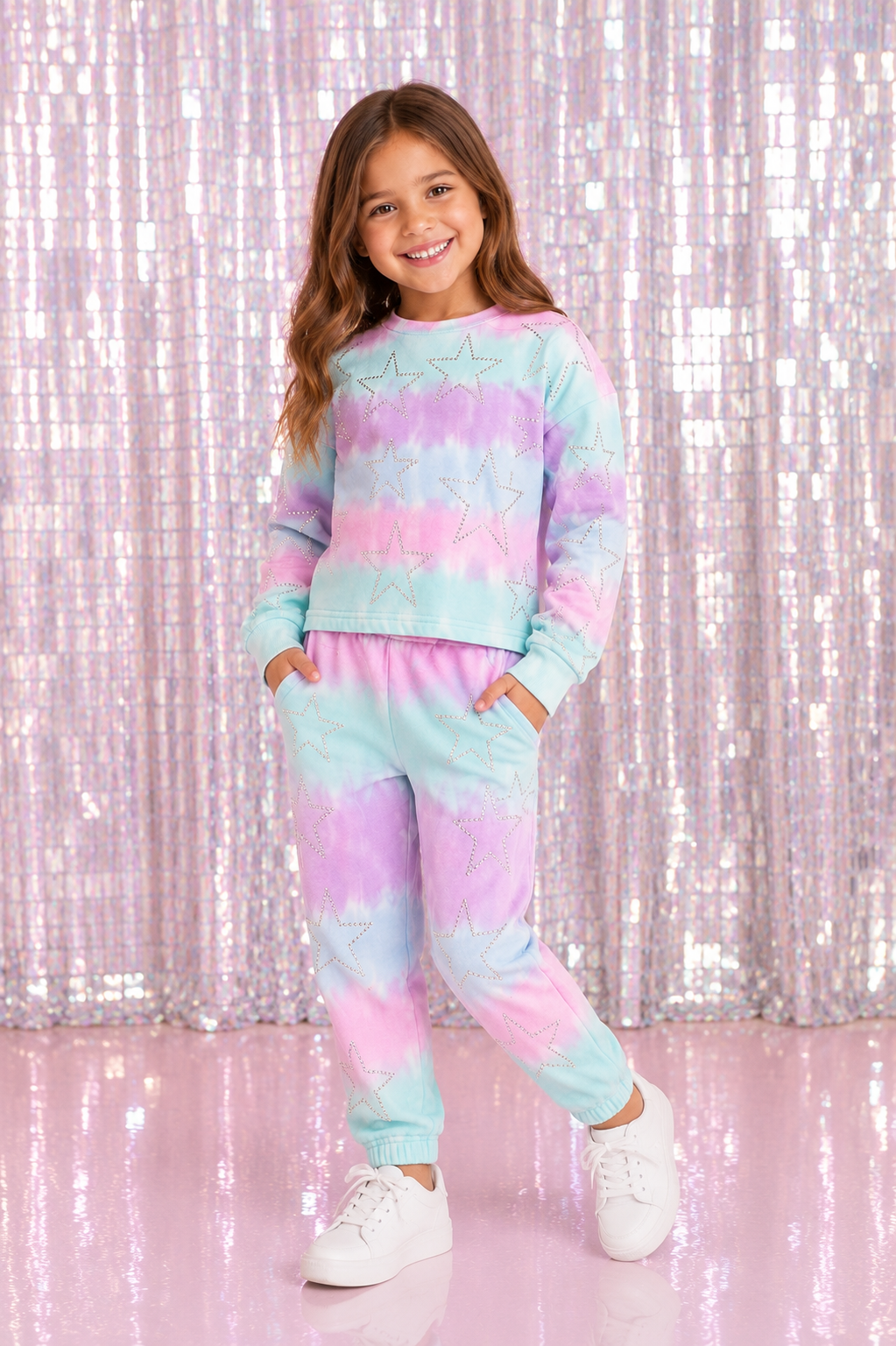 Little girl wearing the MIA New York cotton candy tie-dye two-piece sweat set featuring silver rhinestone stars, matching sweatshirt, and jogger pants.