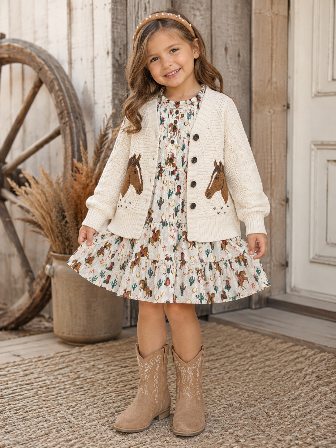 Girls cowgirl western dress with horses, cowgirls, cactus, horseshoes and cowboy boots