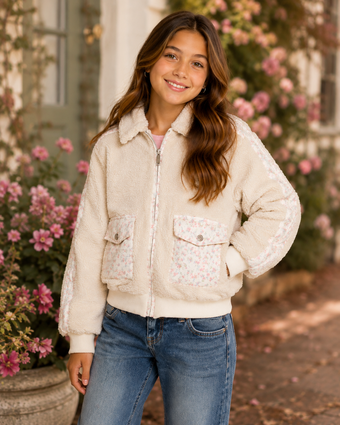 Cream sherpa jacket with floral trim for girls and tweens