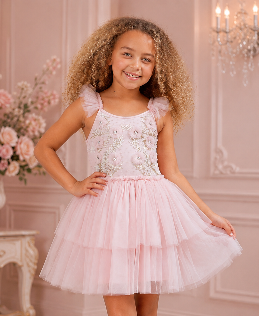 Girl wearing the Ooh! La, La! Couture Camille Dress in Pink featuring a hand-beaded bodice and premium soft tulle skirt.