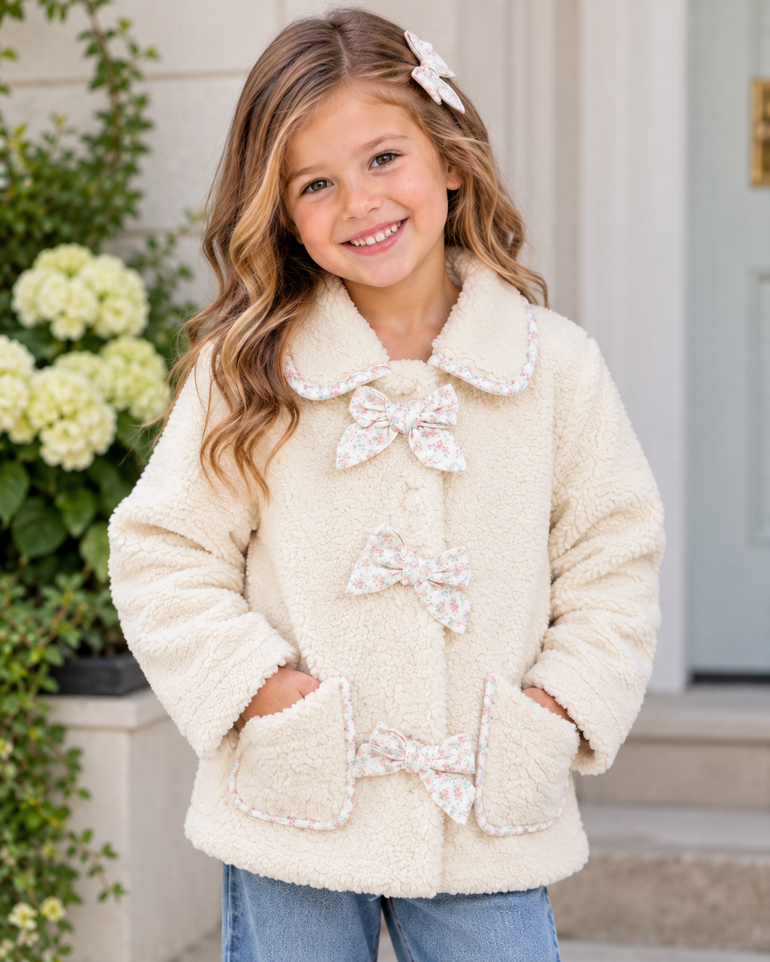 Young girl wearing an ivory sherpa jacket with floral trim and bows