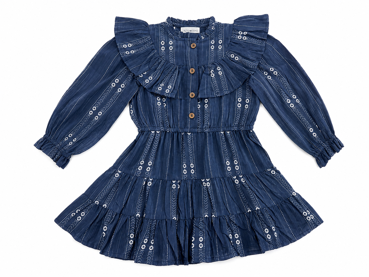 Navy long sleeve girls school dress with ruffle shoulders, button front and tiered skirt by Alto Modas