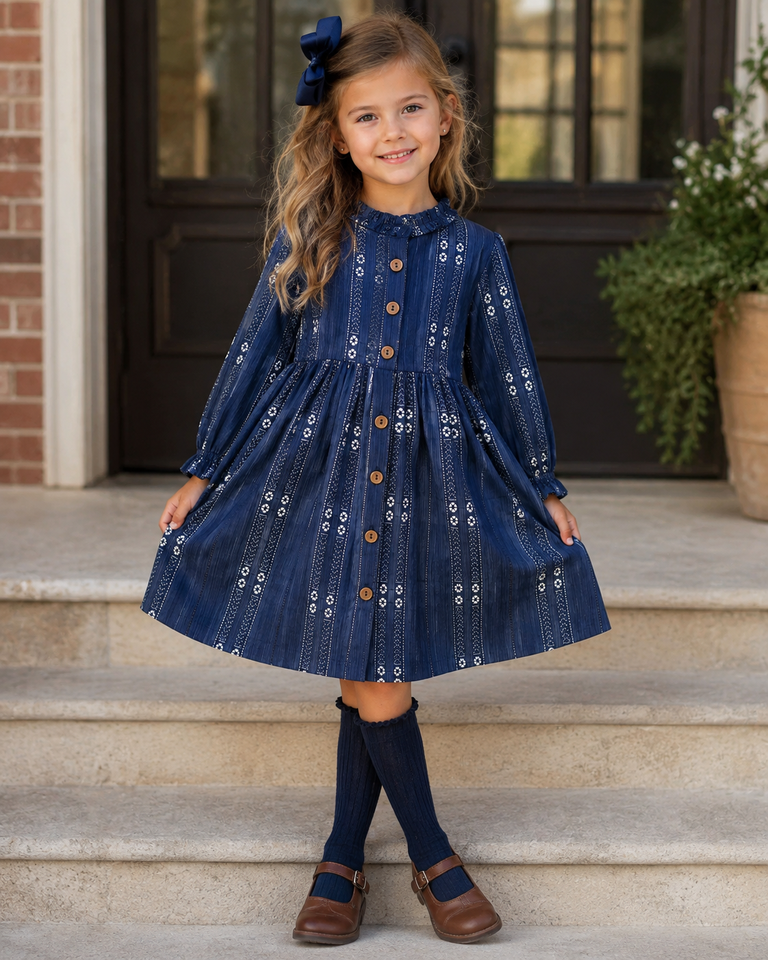 Navy blue girls school dress with white patterned detailing, button front and long sleeves by Alto Modas