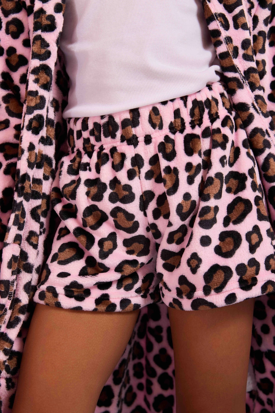 Girls pink and brown leopard print fleece lounge shorts