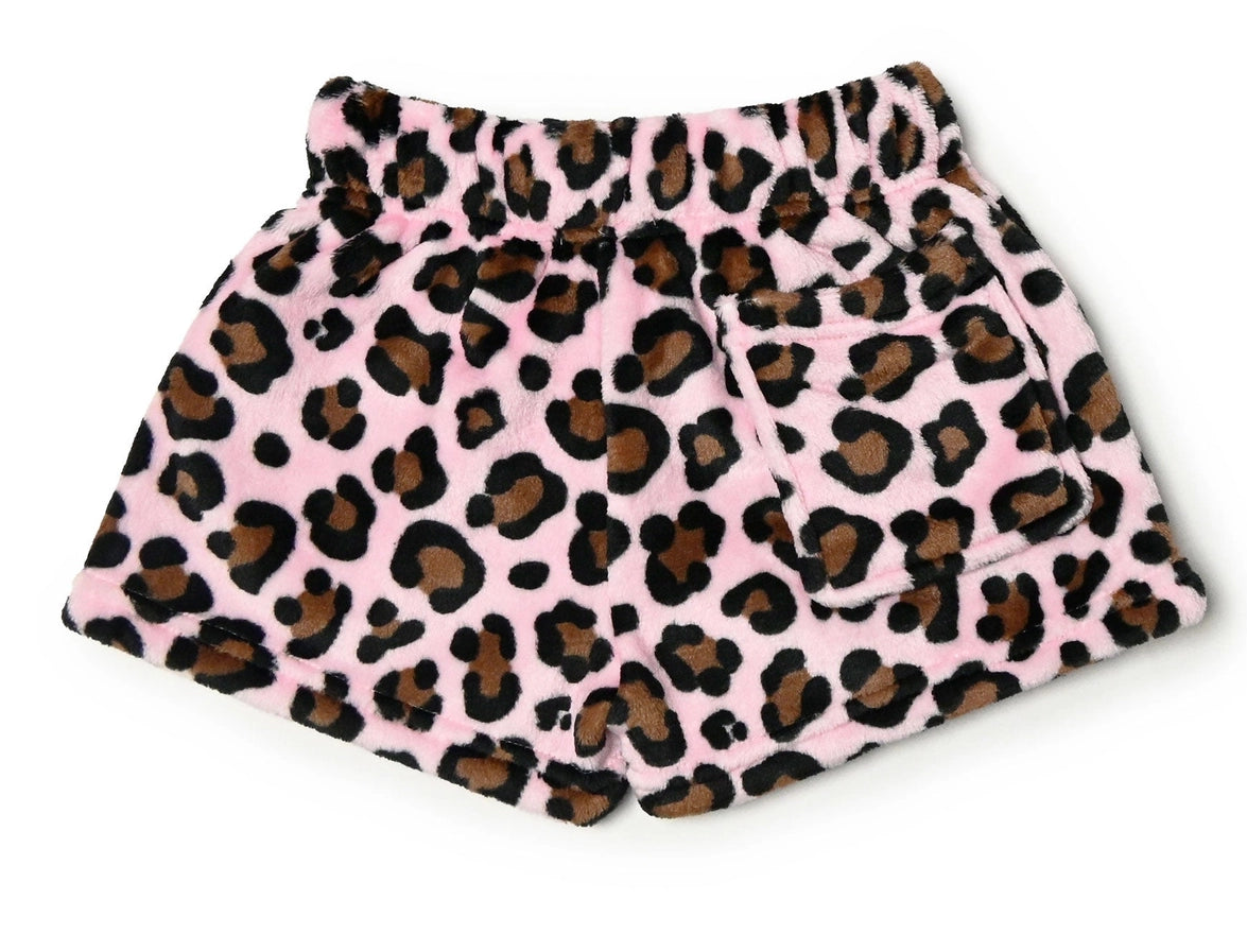 Soft pink and brown leopard print fleece fabric on girls lounge shorts