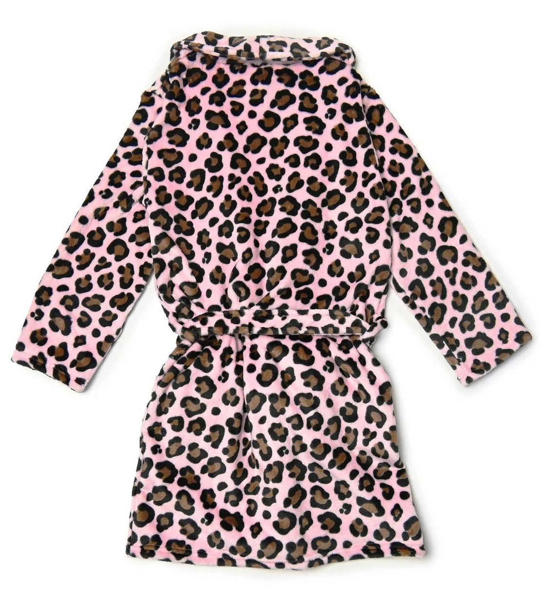 Back view of girls pink leopard fleece robe in soft plush fabric
