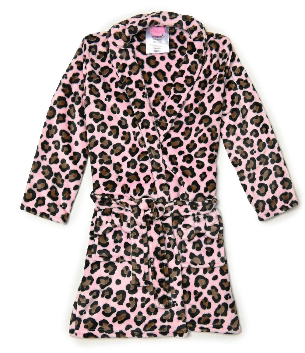 Pink leopard plush fleece robe for girls with bow-detail pockets