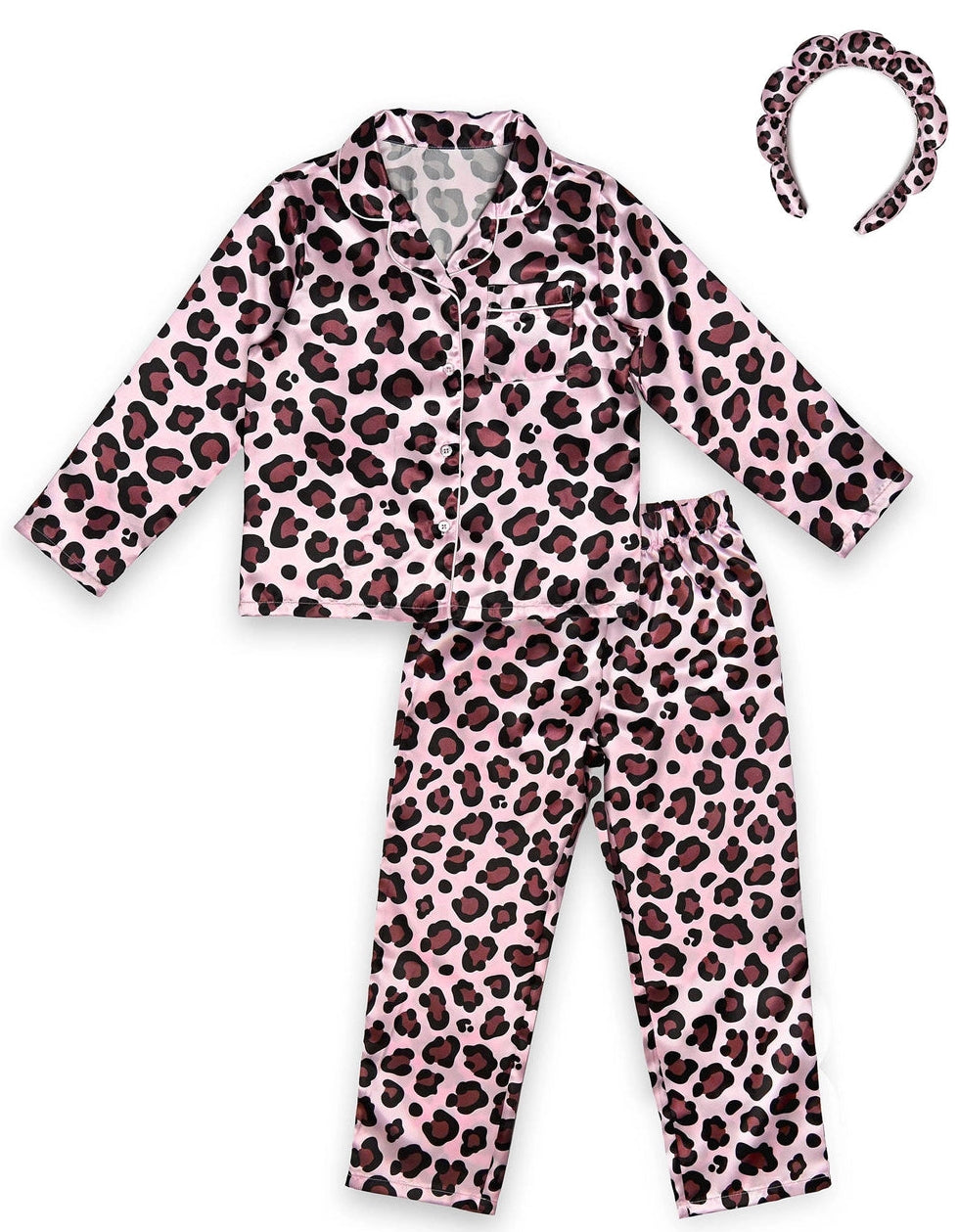 A two-piece children's pajama set with a matching headband, featuring a pink and black leopard print pattern on a white background.