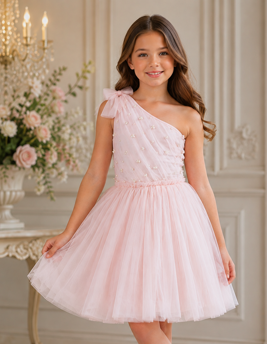 Luxury girls pink special occasion dress with pearl embellishments, buttery-soft tulle, and boutique designer styling by Ooh! La, La! Couture.