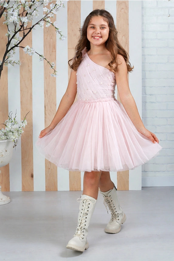 Luxury girls pink special occasion dress with pearl embellishments, buttery-soft tulle, and boutique designer styling by Ooh! La, La! Couture.
