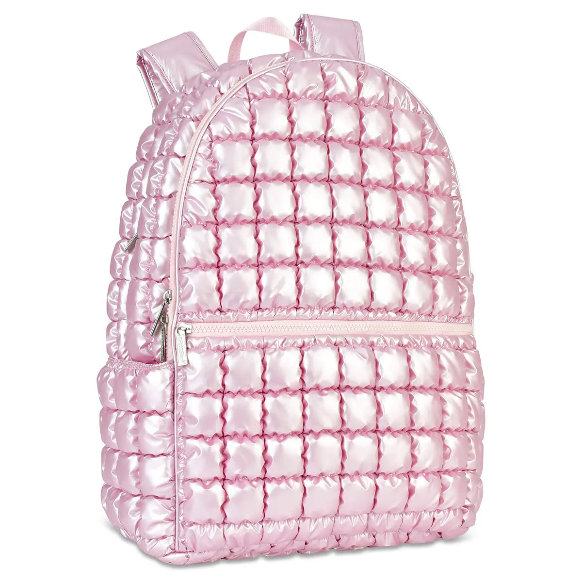 Tween pink puffer backpack with front zip pocket