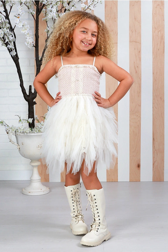 Luxury girls special occasion dress with a soft pink tweed bodice, crystal button detailing, adjustable straps, and an ivory layered tulle skirt by Ooh! La, La! Couture.