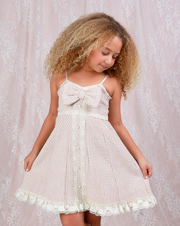 Ooh! La, La! Couture Coco Remi pink tweed special occasion dress for girls with an A-line silhouette and delicate ivory lace trim at the hem.