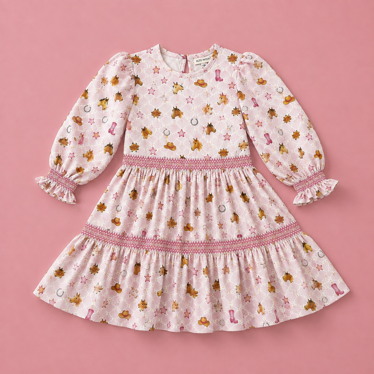 Girls pink western dress with horses, cowboy boots, hats, stars and pink embroidered details