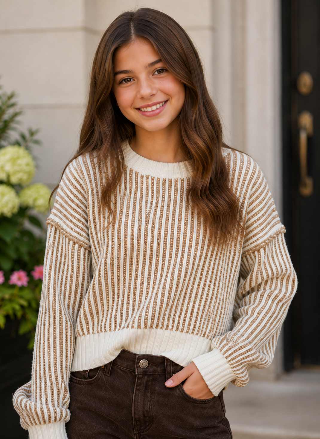Back view of tan and ivory striped knit sweater for girls
