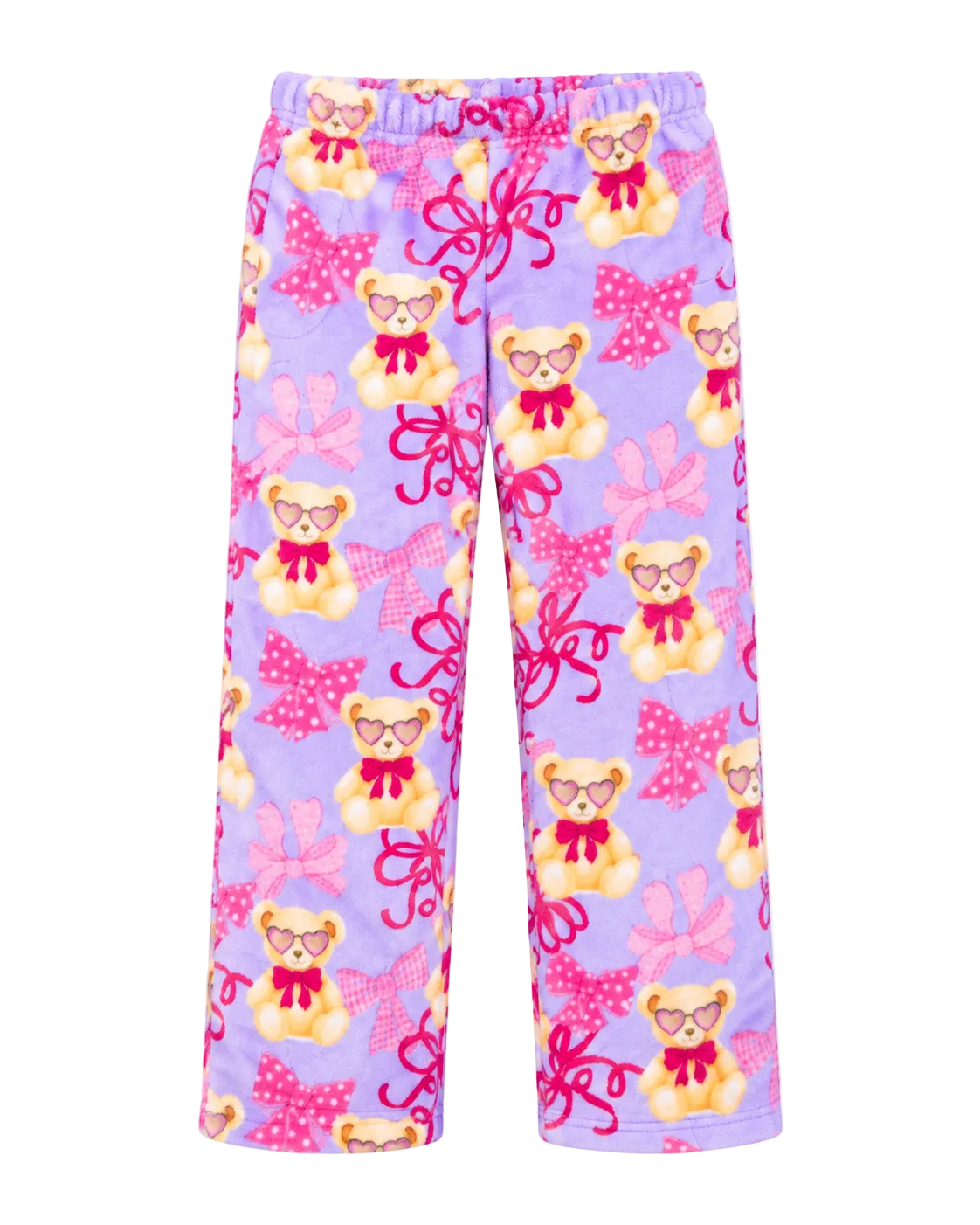 A pair of children's pajama pants in light purple with an all-over print of teddy bears wearing glasses, pink bows, and pink swirl patterns, shown against a plain light gray background.