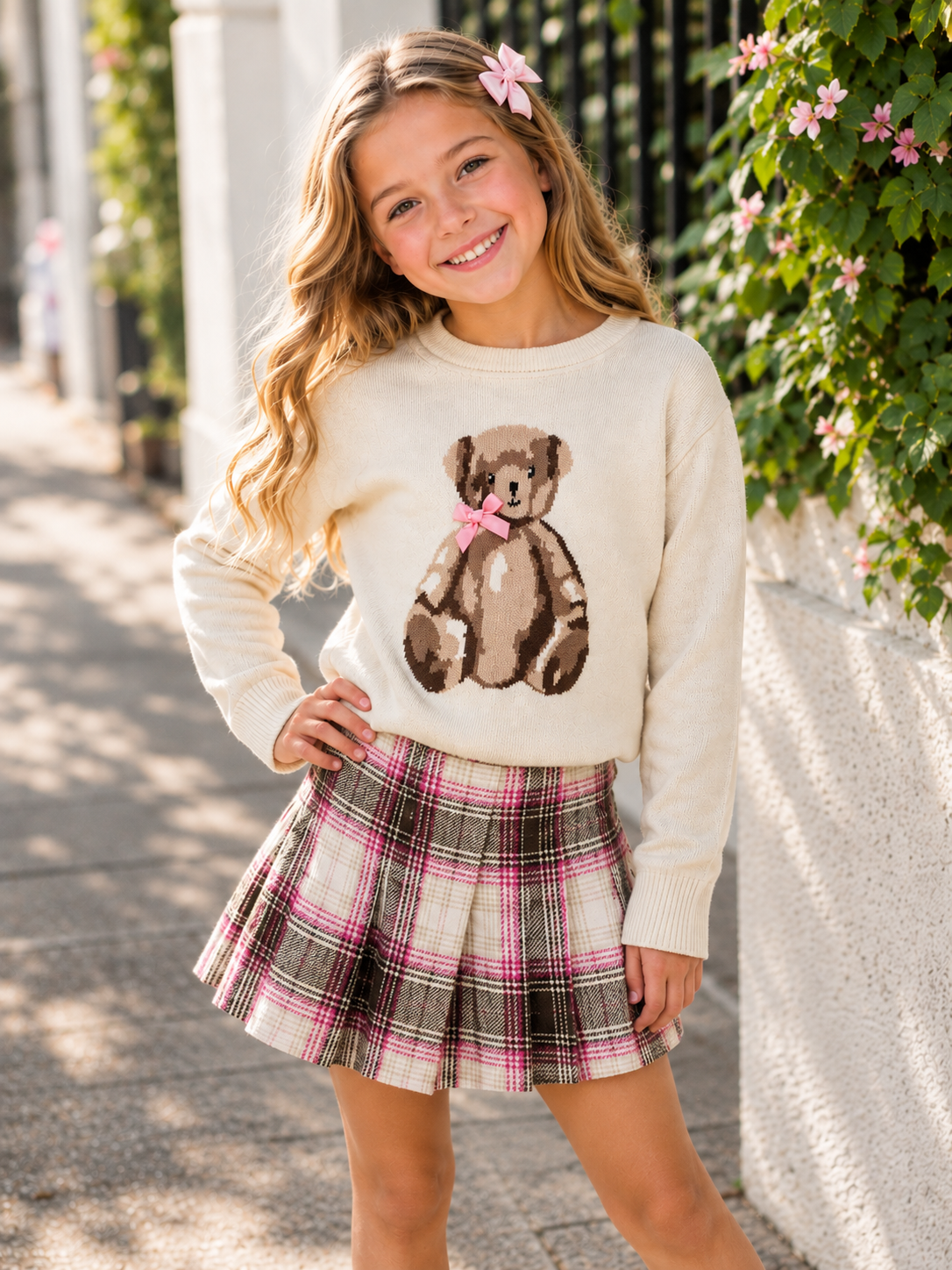 Young girl wearing a teddy bear sweater and pink plaid skort set