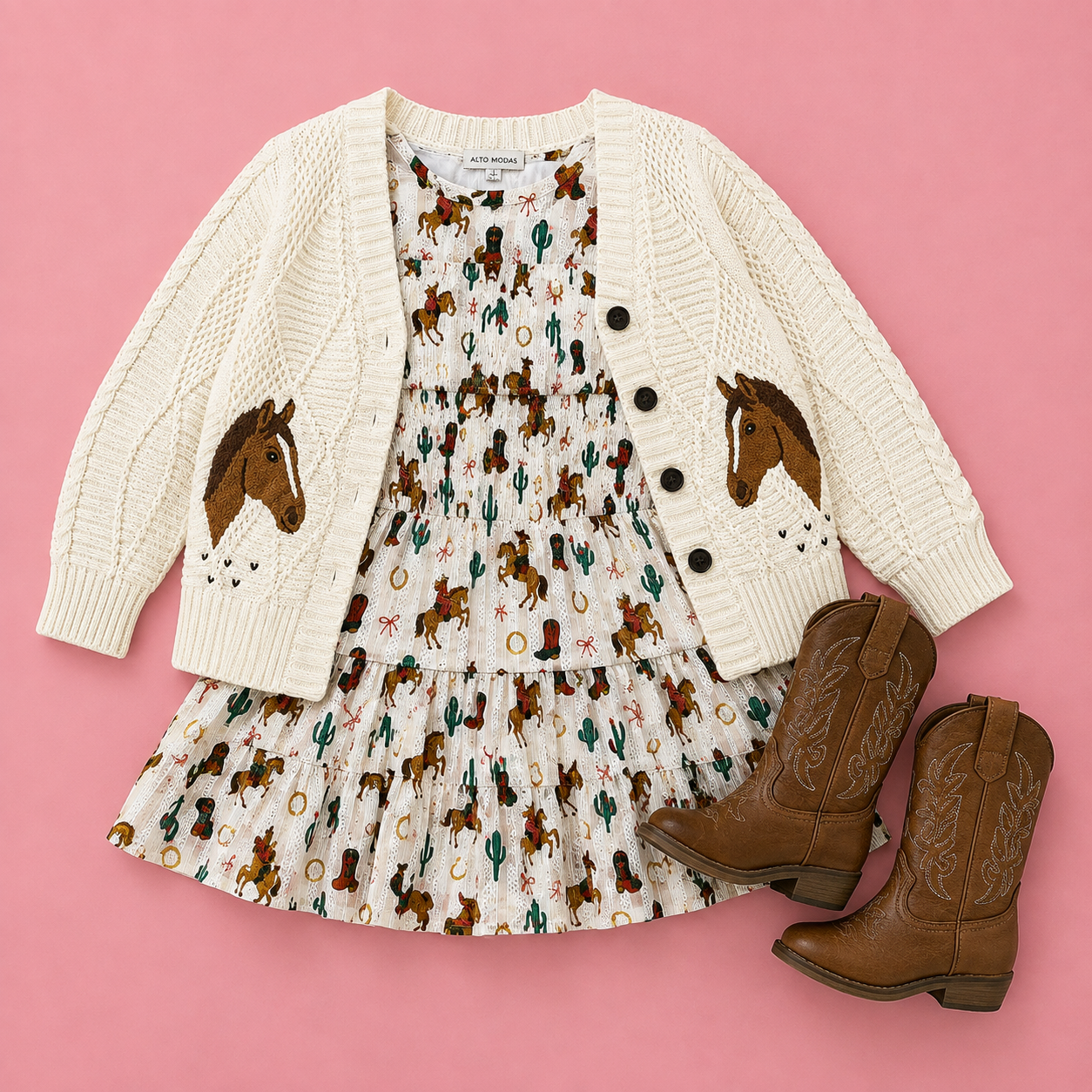 Girls boutique western dress with smocked bodice, double-tiered skirt and cowboy print with horse sweater and brown cowgirl boots